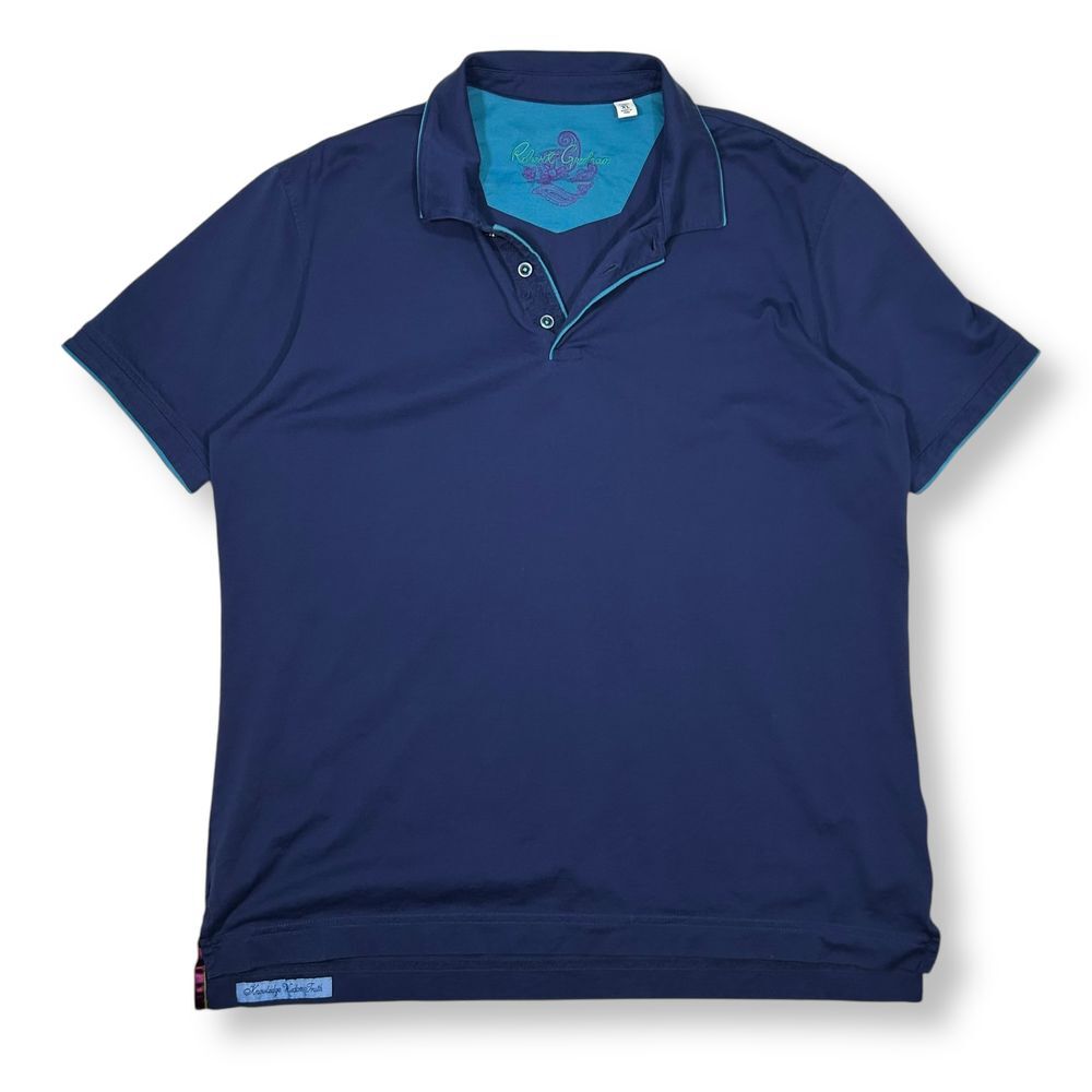 Robert Graham Navy Blue Polo Shirt Short Sleeve with Turquoise Trim Mens XL